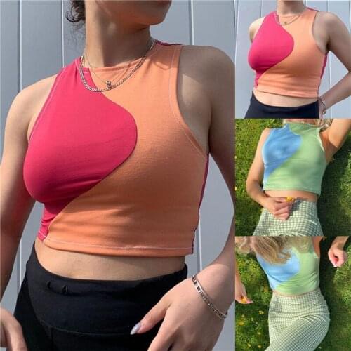 Womens Color Block Tank Tops Sexy Sleeveless Crew Neck Patchwork Slim Fit Crop Tops