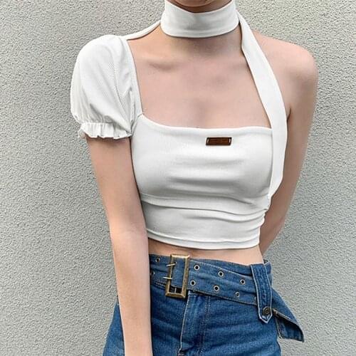 Gothic Sexy Halter Tops Summer Streetwear Y2K Skinny Puff Sleeve White Crop Top Women Casual One Shoulder T Shirt