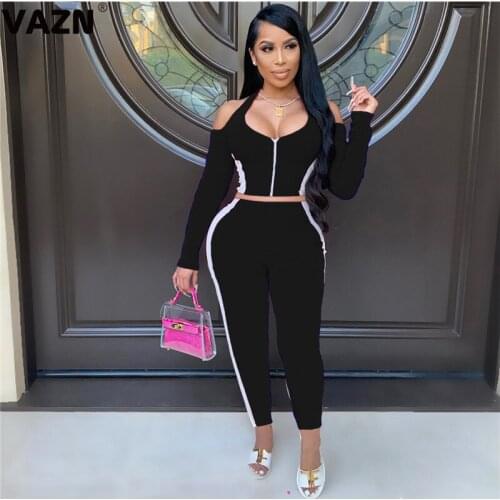 VAZN 2020 Vintage Women Casual Striped Outfit Two Pieces Set Full Sleeve O-neck Full Pant Sport Running Sets