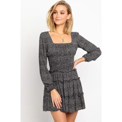 Ladies Floral Long-sleeved Dress, Square Collar Cascading High Waist, Slim Fit, Female Fashion Mini A-line Dress