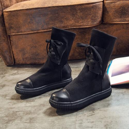 Winter Fashion Motorcycle Boots Wedges Flat Boots Woman High Heel Platform PU Leather Boots Lace Up Women Shoes Black Booties