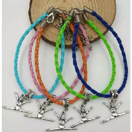 20Pcs New Zinc Alloy Gymnast Girl charms Mix PU Leather Cords Good Luck Bracelets&Bangle DIY Jewelry For Women&Men Gift