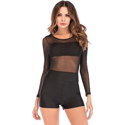 2020 Sexy Women Bandage Jumpsuit Mesh Lace O Neck Long Sleeve Catsuit Club Bodycon Short Rompers Bodysuit Semi Sheer Outfits