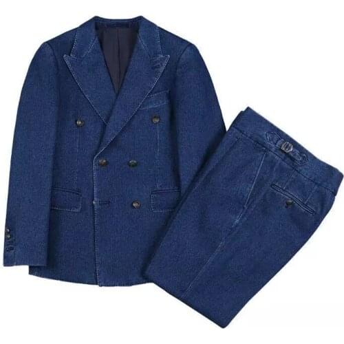 2021 Casual Blue Denim Oxford Men Suits Costume Homme Groom Tuxedos Wedding Terno Masculino Slim Fit 2 Pieces (Jacket+Pants)