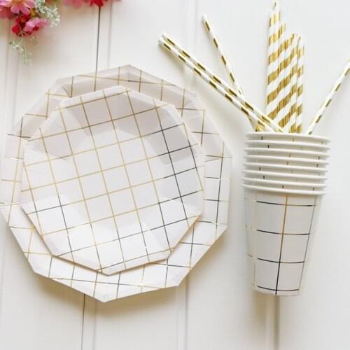 65pcs/lot Striped Disposable Paper Plates Napkin Cups Rose Gold Paper Tableware Sets Plate For Wedding Birthday Party decorates