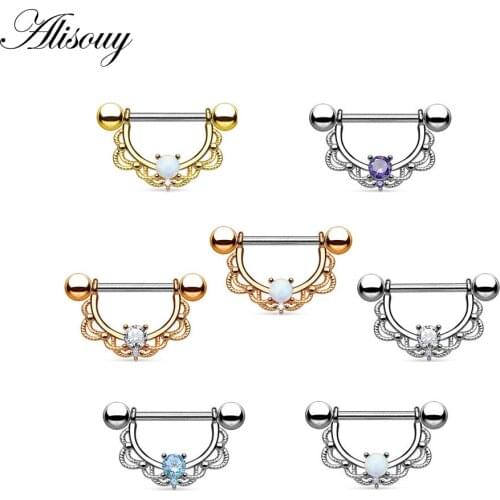 Alisouy 1 PCS 14G Cool OPAL Stone Piercing Nipple Ring Septum Nose Piercing Women Crystal Nipple Piercings Body Jewelry