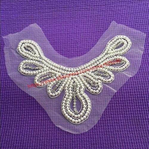 Fake pearl crystal collar applique for sweaters and dress ornaments fashion crystal mesh lace neckline for garments accessory