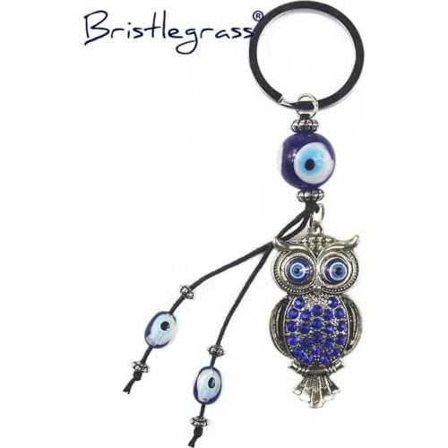 BRISTLEGRASS Turkish Blue Evil Eye Rhinestone Owl Key Chain Ring Holder Car Keychain Amulet Lucky Charm Hanging Pendant Blessing