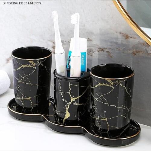 Ceramic Tooth Brushing Cup Simple Household Couple Mouthwash Cup Combination Marble Tray Storage Tool Bathroom Accessories Set
