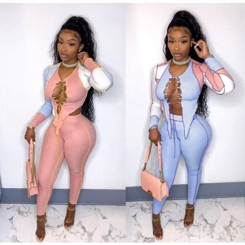 Sexy Tie Front 2 Piece Long Pants Sets Women Knitted Club Outfit Patchwork Long Sleeve Top and Leggings Autumn Night Party Wear