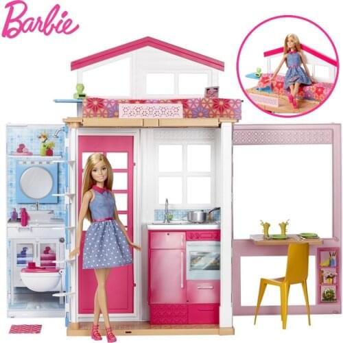 Barbie Doll Flashing Holiday House Barbie House & Doll Kit Cute Room Baby Girl Toys Gift Poppenhuis Casa de Boneca DVV48
