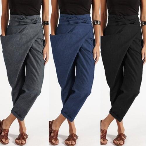 Fashion Pantalon Casual Long Palazzo Womens Harem Pants 2021 ZANZEA Woman Big Pockets Side Zipper Trousers Plus Size Turnip 5XL