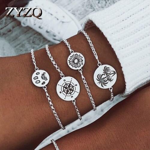 ZYZQ Fashion Four Pcs Vintage Bracelets Sets With Lovely Flower Bear Paw Pattern Engraved Bohemia Stylish Bracelet Wholesale