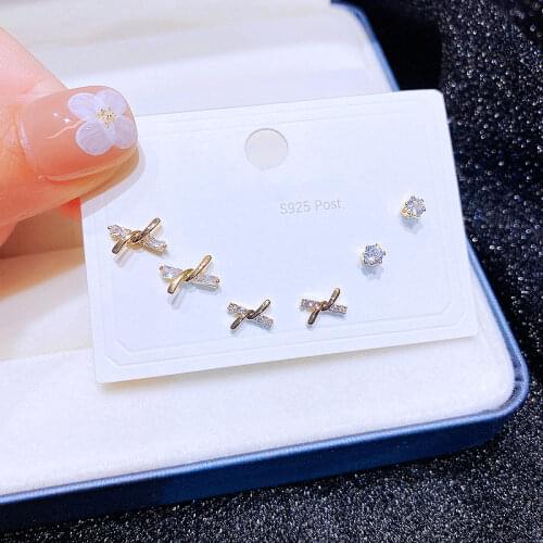 Trendy 3 Pairs Cross Shaped Cubic Zirconia Stud Earrings Set for Women Girls Gold Color Plated Jewelry