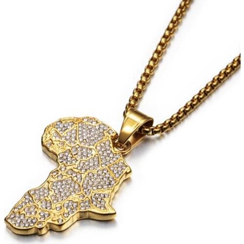 Mens Stainless Steel Crystal Africa Map Pendant Necklace Charms for Jewelry Making Golden Color Hip Hop Gift Rock Box Chain