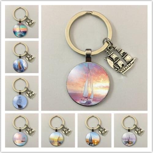 New fishing boat sea sunrise sailing glass round photo keychain glass cabochon keychain sailing pendant jewelry gift keychain