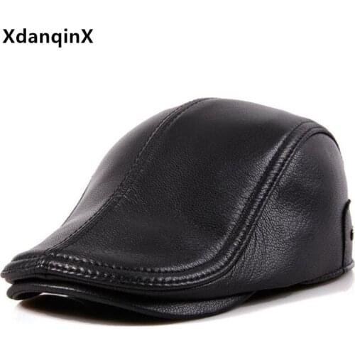 XdanqinX Autumn Mens Cap Natural Genuine Leather Hat Sheepskin Berets Snapback Cap Adjustable Size Casual Brands Tongue Caps