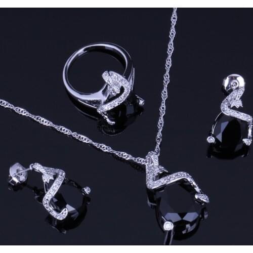Absorbing Black Cubic Zirconia Silver Plated Jewelry Sets Earrings Pendant Chain Ring V0238