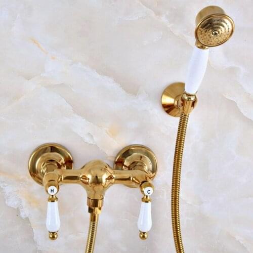 Luxury Polished Gold Color Brass Bathroom Hand Held Shower Head Faucet Set Mixer Tap Dual Ceramic Handles mna985