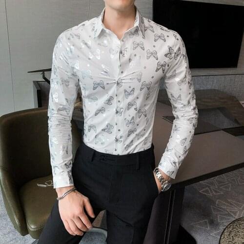 Fashion Butterfly Print Shirt Mens New Long Sleeve Casual Wear All Games Streetwear Smoking 3XL-M