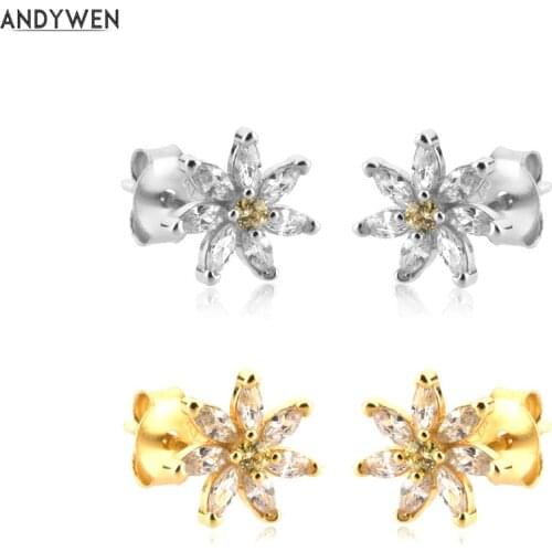 ANDYWEN 925 Sterling Silver Chrysanthemum CZ Stud Earring Women Luxury Fashion Fine Jewelry Luxury Wedding Gift Clips Piercing