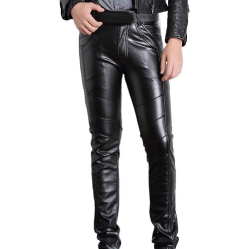Штаны Men pants Solid Color Faux Leather Multi Pockets Skinny Pants Stage Club Long Trousers 2021
