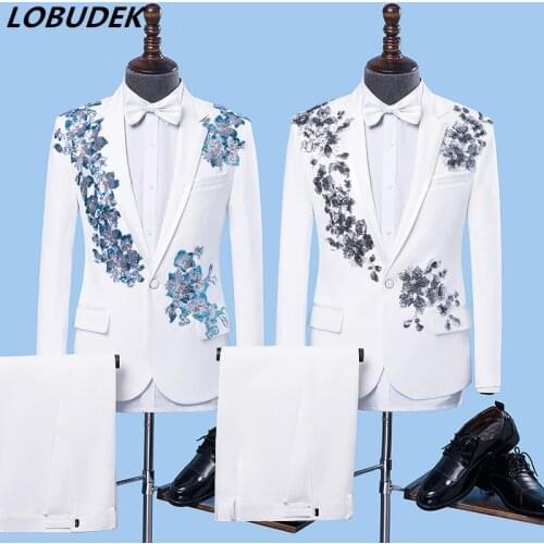 Wedding Mens Suit Fashion Sequins Applique Blazer Singer Host Stage Chorus Performance Tuxedo Formal Dress (Jacket+Pants) S-3XL