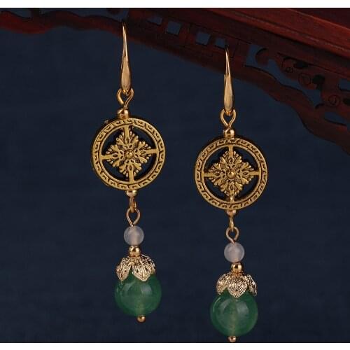 Ethnic style earrings new retro art chrysoprase earrings Chinese wind jewelry women