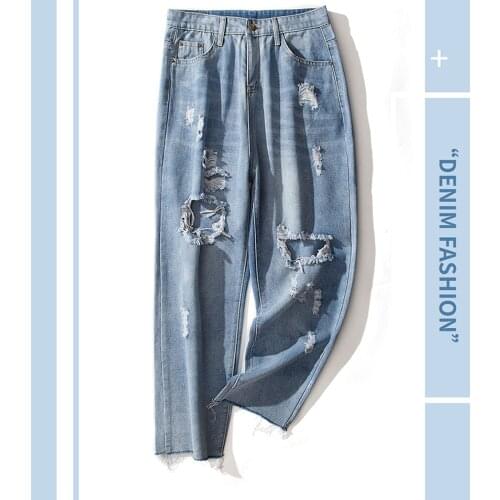 High Streetwear Fashion Casual Womens Denim Baggy Jeans Loose Pants Plus Size 4XL 3XL Ripped Hole Trousers For Woman Femme 2021