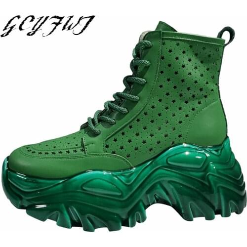 Womens Ankle Boots Leather Hollow Breathable Hole High-top Casual Female Boots Lace-Up Zipper-Sid And Thick Bottom Botas Mujer