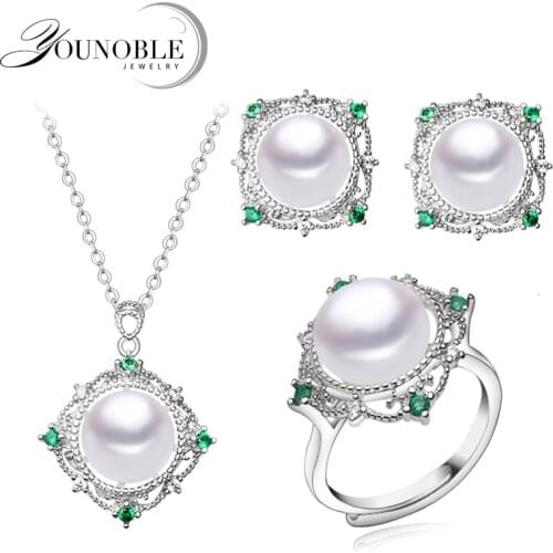 Natural Pearl Jewelry Sets Freshwater Pearl Necklace Ring Zircon Earrings For Women 925 Sterling Silver Wedding Party Daily Gift
