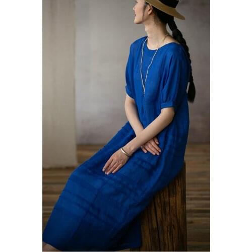 Womens loose casual dress summer Ramie embroidered pleated dress foggy 20716