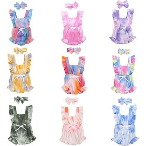 2Pcs Newborn Baby Girls Outfits Sleeveless Gradient Ruffled Romper + Headband Clothes Set Summer