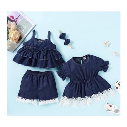2020 Princess Infant Baby Girls Clothes Sets/Dress Ruffles Lace Floral Denim Blue A Line Dress/Vest Tops+Short+Headband