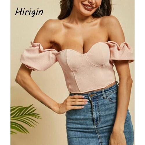 2020 Fashion Blouses Women pink ruffles Deep V-neck Off Shoulder Strapless Backless slash neck Ladies Cropped shirts Streetwear