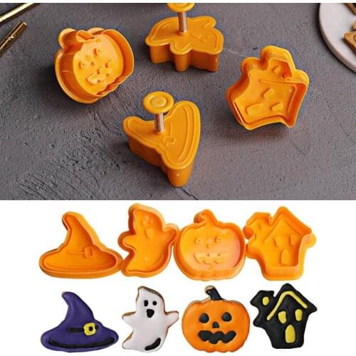 4PCS Halloween Cookie Stamp Biscuit Mold 3D Cookie Plunger Cutter DIY Baking Mould Halloween Cookie Cutters For Kitchen Tool