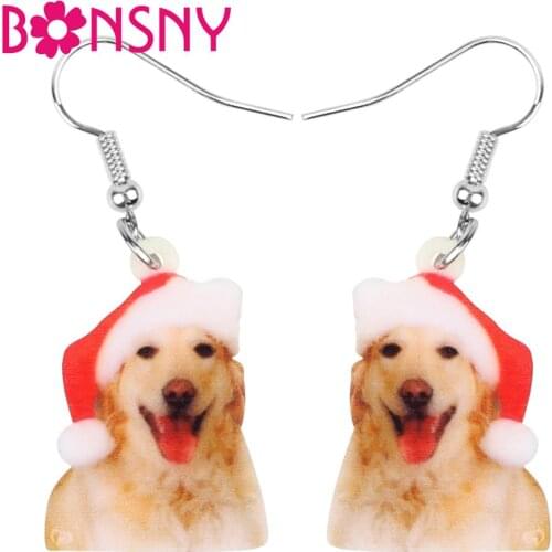 Bonsny Acrylic Christmas Hat Golden Retriever Dog Earrings Drop Dangle Animal Jewelry For Women Girls Teen Party Gift Accessory