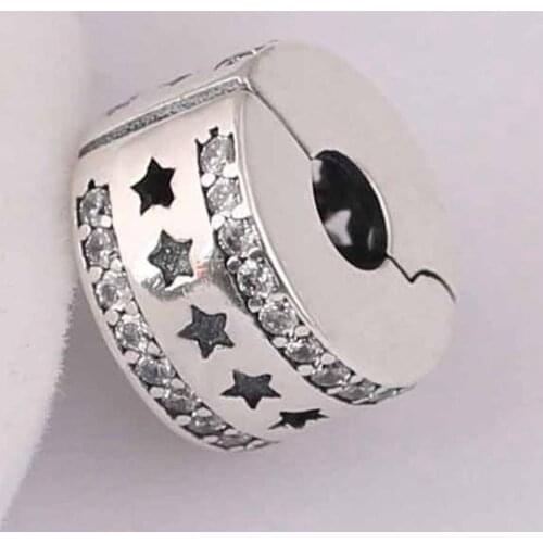 S925 Silver Bead DIY Jewelry Starry Formation Clips Stoppers Charm fit Lady Bracelet Bangle Clear CZ Stars