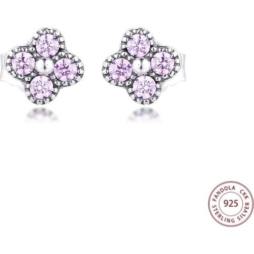 CKK 925 Sterling Silver Oriental Blossom Pink CZ Stud Earrings for Women Fine Jewelry Silver 925 Earrings pendientes mujer