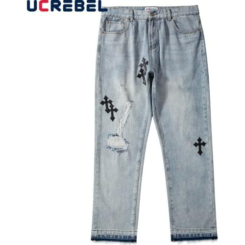 Cross Patch Embroidery Ripped Hole Jeans Mens High Street Casual Denim Pants Distressed Loose Straight-leg Trousers Men