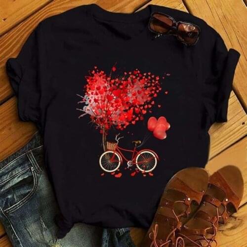 Red Flower Bike Ballon Graphic Printed Women Black T-shirt Love Heart Tshirts Summer New Fashion Short Sleeve Ladies Tops Tee