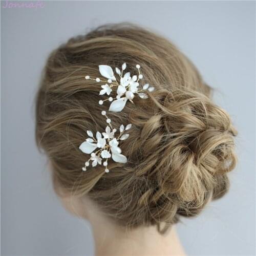 Jonnafe Porcelain Flower Leaf Bridal Hair Pins Clips Handmade Wedding Pearls Hair Jewelry Accessories Women Headpiece