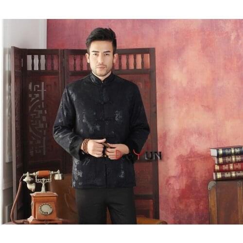Hot Sale Black Winter Thick Male Polyester Overcoat Chinese Cotton-padded Jacket Traditional Tang Suit S M L XL XXL XXXL