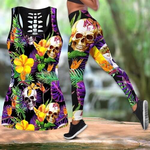 Fashion Summer Women Leggings Tropical Skull 3D Printed tanktop & legging outfit Sexy Elastic Female Skinny Yoga pants