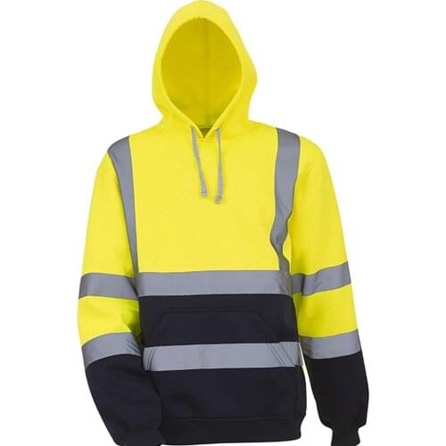 Mens Sport Reflective Polar Fleece Yellow Orange Jacket High Visibility Pullover Long Sleeve Hooded Sweatshirt