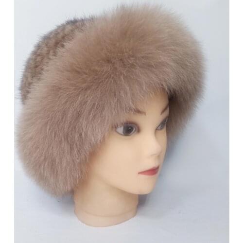 New Real genuine natural knitted mink hat with fox fur Winter warm knit hats Women cap