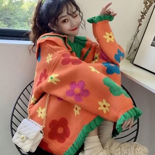 Autumn Winter Doll Collar Thicked Flower Print Knitted Sweater Ins Conteast Color Patchwork Long Sleeve Pull Femme New Pullovers
