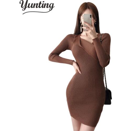 Autumn Knitting Cotton Dress Women Long Sleeve v-neck Sheath Mini Dress Winter Warm Slim Pullovers Sweater Dress