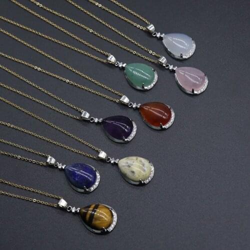 Natural Semi-precious Necklace Water Drop Small Pendants NecklaceRose Quartz Agate TigerEye Collarbone Chain Fashion Necklaces