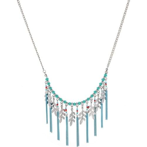 Fashion Leaf Shape Necklace Blue link Chain Drop Tassel Necklaces for Women Crystal Beads Jewelry
